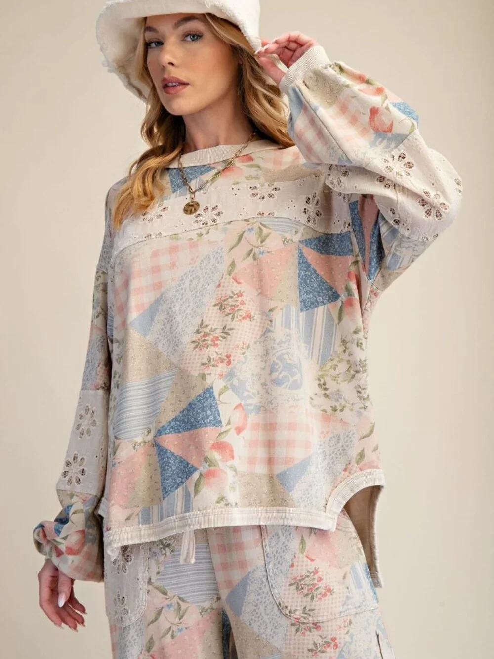 EASEL PATCHWORK PRINT WASHED COTTON TERRY TOP PANTS SET white blue pink lounge - Picture 5 of 9
